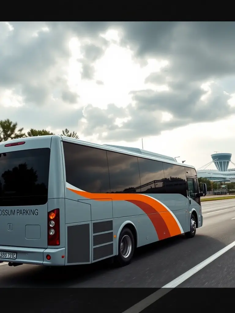 A modern, comfortable shuttle bus with the COLOSSUM PARKING logo, transporting passengers from the parking facility to the Milan Malpensa Airport terminal.