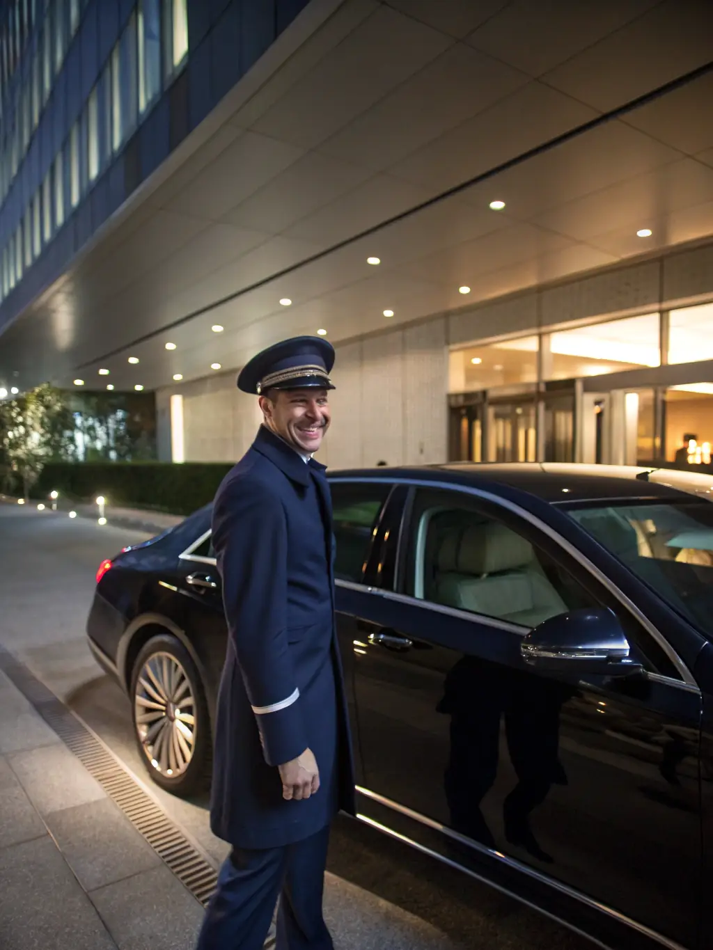 A professional valet attendant in a COLOSSUM PARKING uniform, smiling and holding the keys to a luxury car in front of Milan Malpensa Airport, showcasing the convenience of the valet parking service.