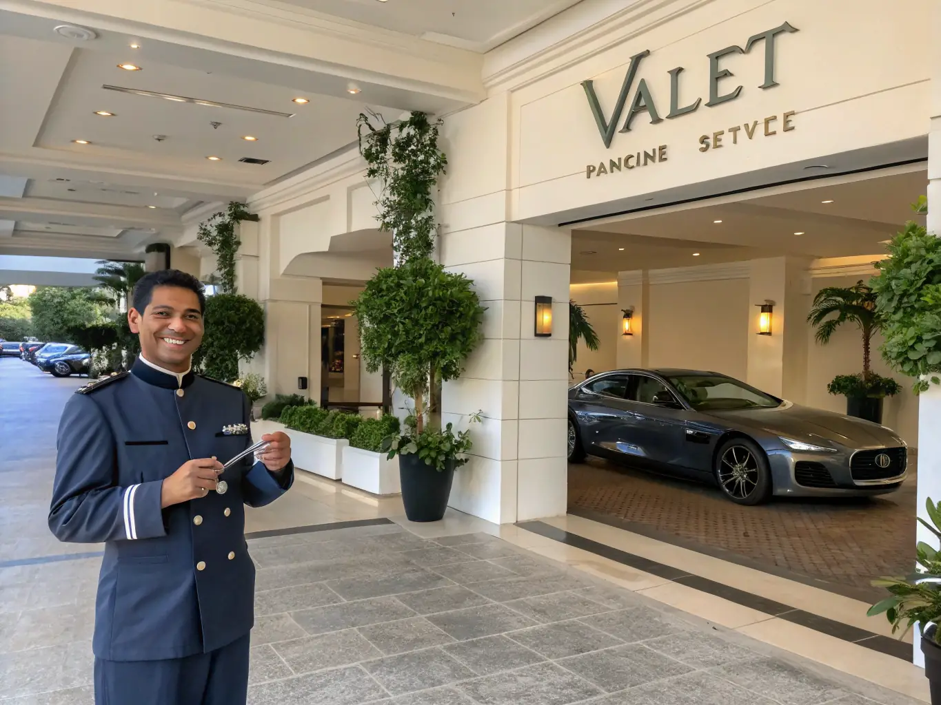 A professional valet attendant expertly parks a luxury car at the COLOSSUM PARKING drop-off point, showcasing the convenience and premium service offered to customers.