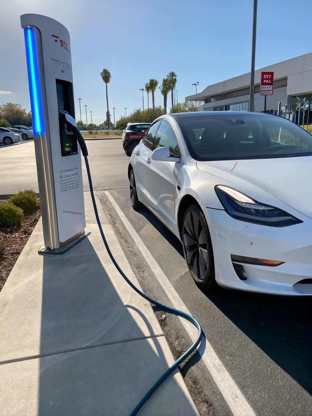 An electric vehicle charging station at COLOSSUM PARKING, with a Tesla car plugged in and charging, highlighting the eco-friendly charging option.