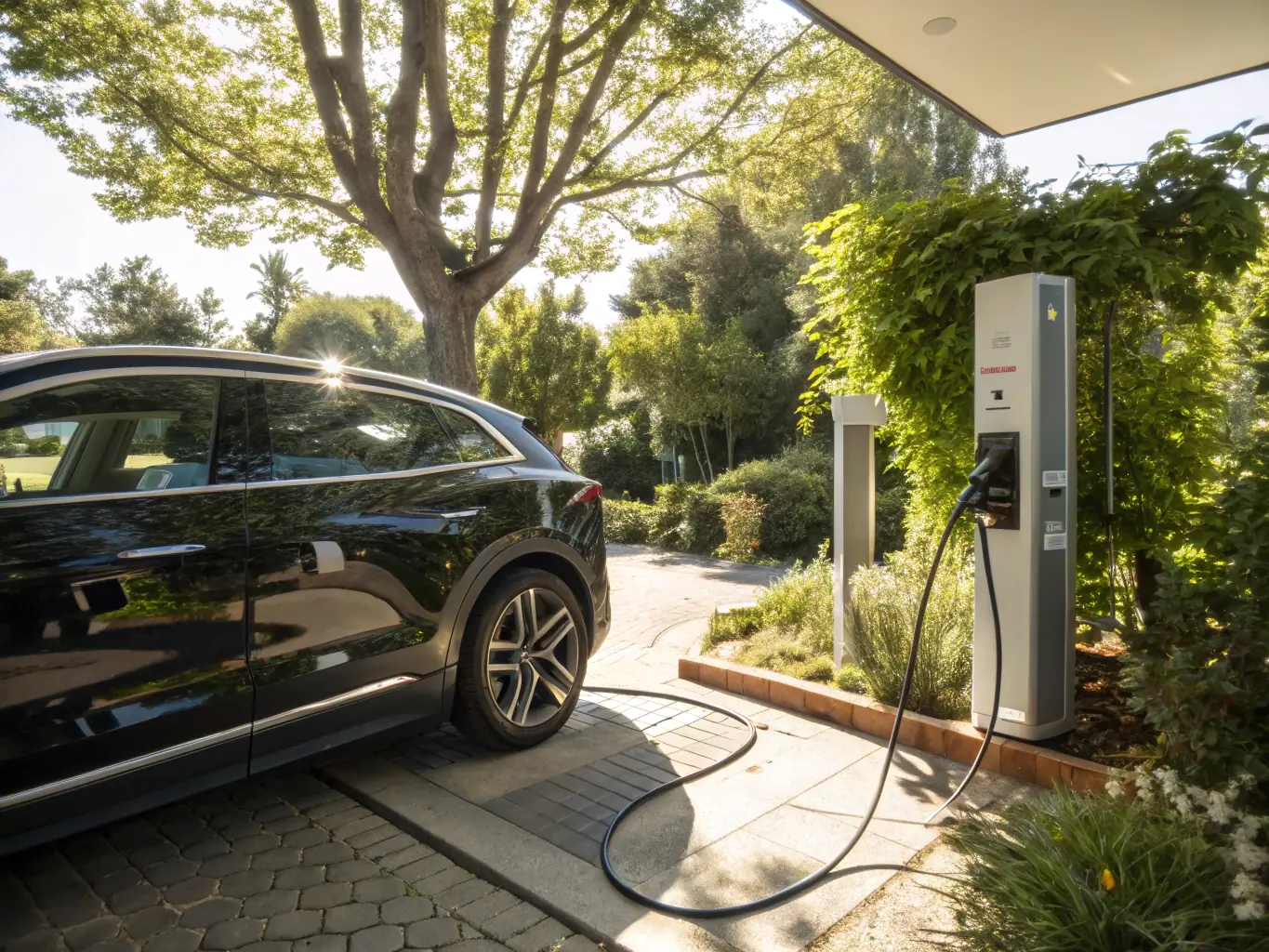 An electric vehicle is charging at one of COLOSSUM PARKING's charging stations, highlighting the company's commitment to eco-friendly travel solutions.